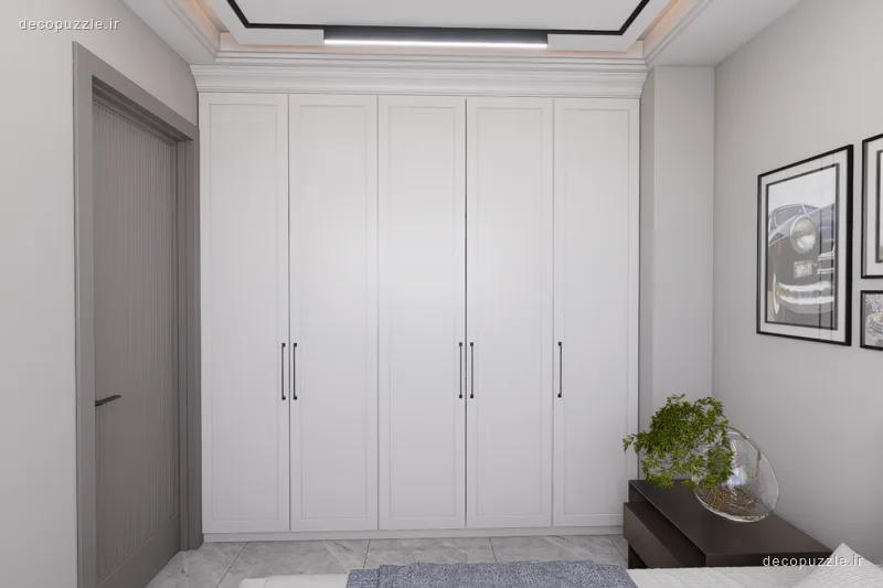 کابینت مدرن سفید با چیدمان خطی تا سقف و نورپردازی خطی در پذیرایی
