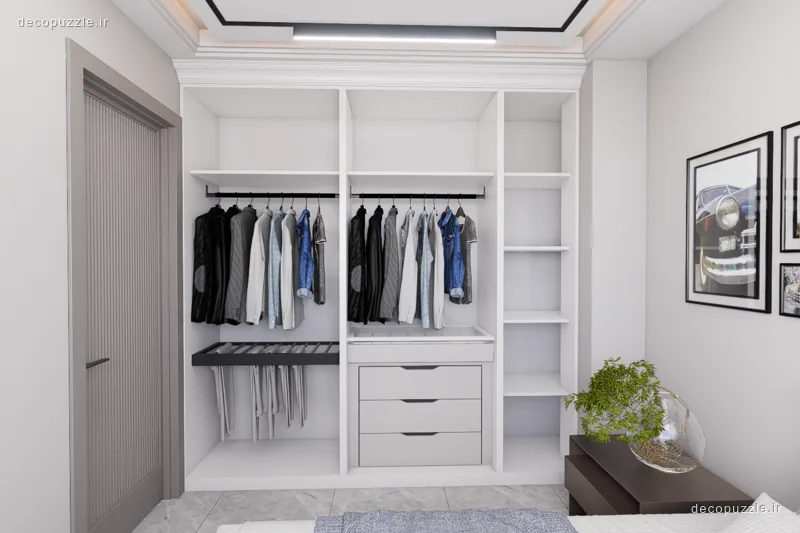 کابینت مدرن سفید مات با قفسه باز و کشو ریلی در پذیرایی