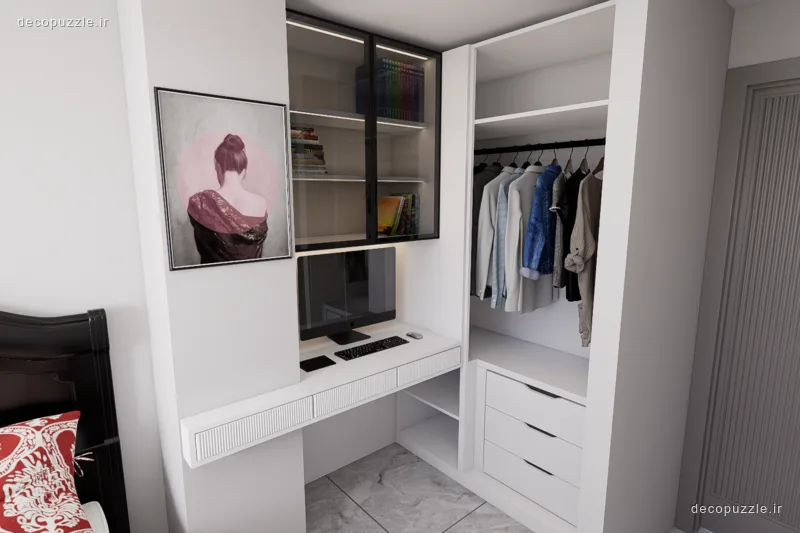 کابینت مدرن سفید مات با میز کار، ویترین شیشه‌ای و قفسه باز در چیدمان کنج