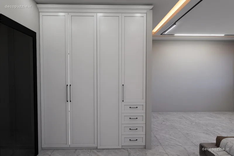 کابینت سفید ممبران تا سقف با کشو و نورپردازی خطی در پذیرایی