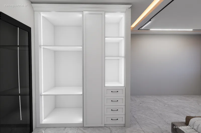 کابینت مدرن سفید و مشکی با قفسه باز و نورپردازی خطی در پذیرایی