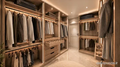 کابینت مدرن طرح چوب با نورپردازی خطی، قفسه باز و کشو ریلی در چیدمان یو