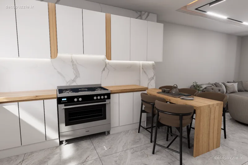 کابینت مدرن سفید مات و طرح چوب با جزیره، بین کابینتی ماربل و نورپردازی خطی در آشپزخانه