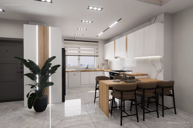 کابینت مدرن سفید و طرح چوب با جزیره، بین کابینتی ماربل و نورپردازی خطی در آشپزخانه