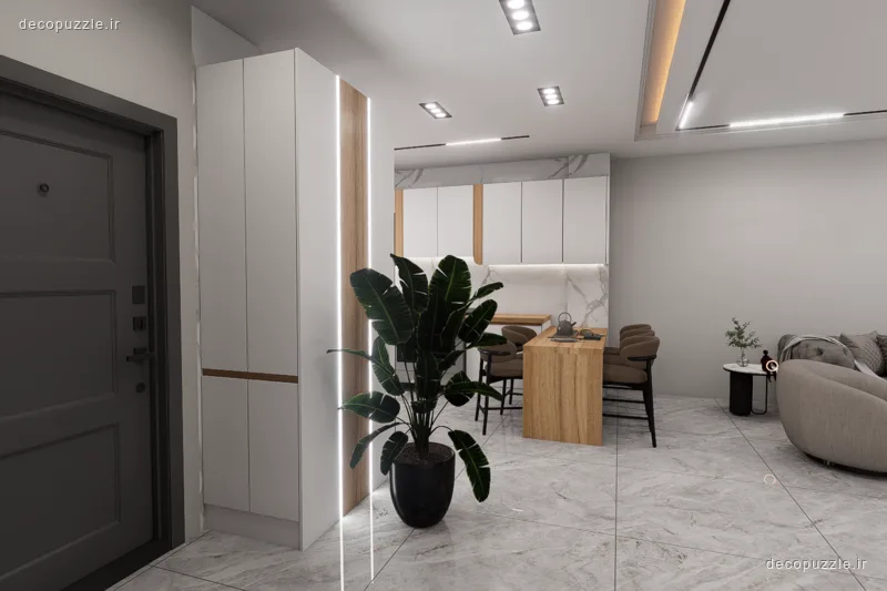 کابینت مدرن سفید مات و طرح چوب با جزیره، بین کابینتی ماربل و نورپردازی خطی