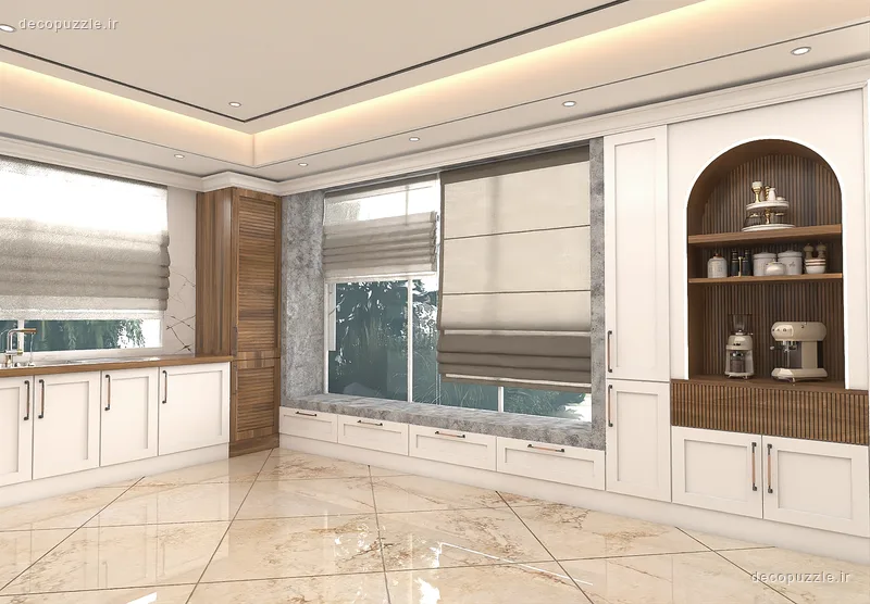 کابینت نئوکلاسیک سفید و طرح چوب با کافی‌بار و ویترین قوسی در پذیرایی
