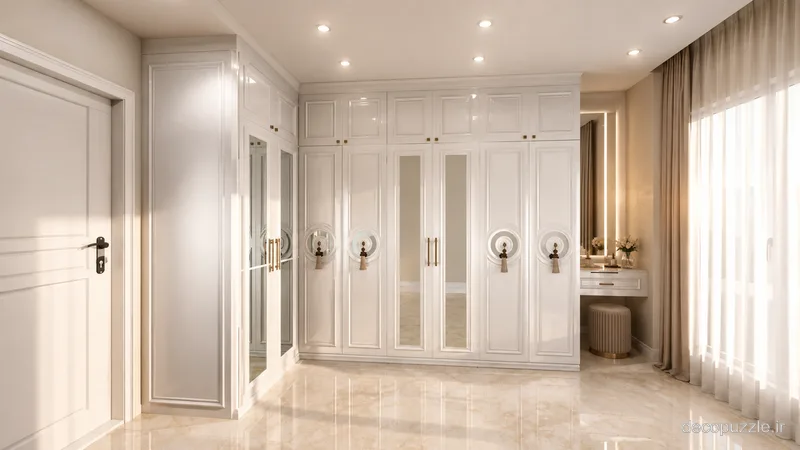 پذیرایی با کابینت سفید ممبران، ویترین شیشه‌ای و نورپردازی خطی در چیدمان خطی