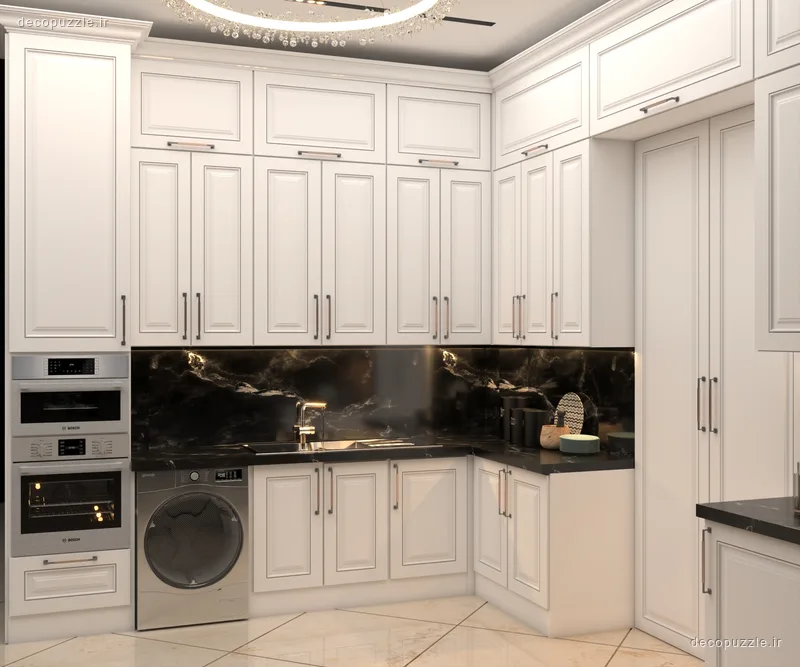 آشپزخانه کلاسیک با کابینت سفید ممبران، چیدمان ال، بین کابینتی ماربل مشکی و فر توکار