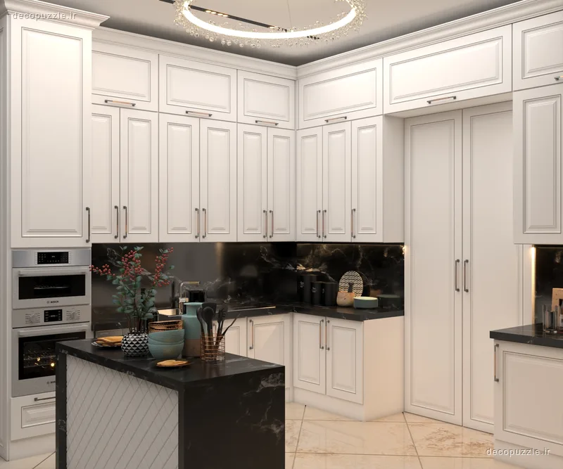 آشپزخانه کلاسیک دورنگ با کابینت ممبران تا سقف، جزیره و بین کابینتی ماربل مشکی