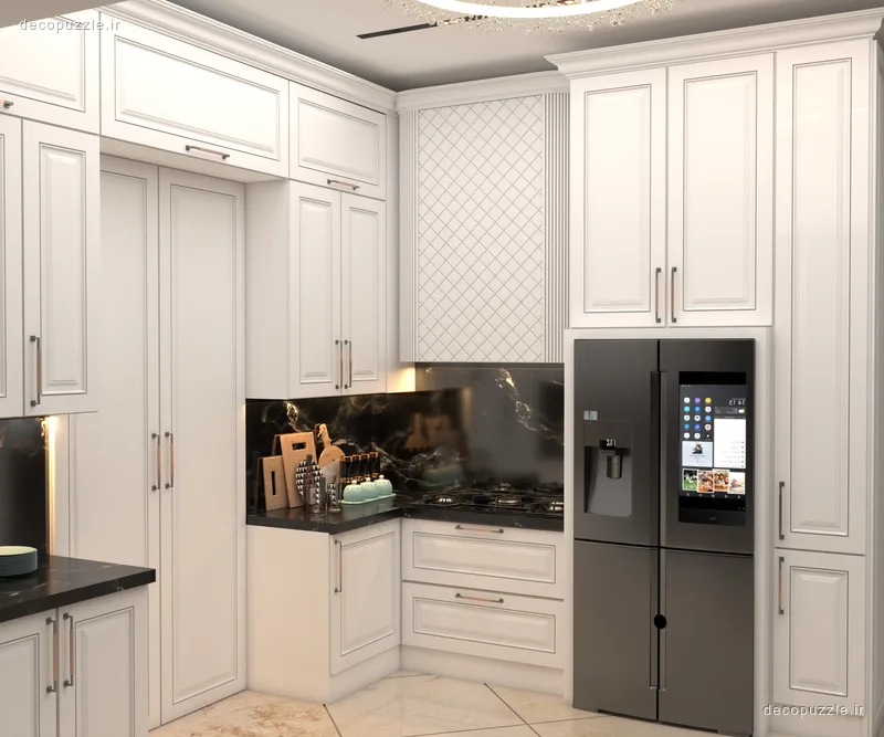 آشپزخانه کلاسیک با کابینت سفید ممبران، چیدمان ال، بین کابینتی ماربل مشکی و یخچال مشکی