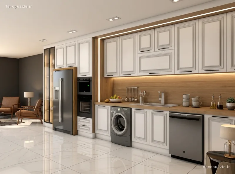 کابینت سفید ممبران با بین کابینتی طرح چوب، نورپردازی خطی و فر توکار در آشپزخانه خطی