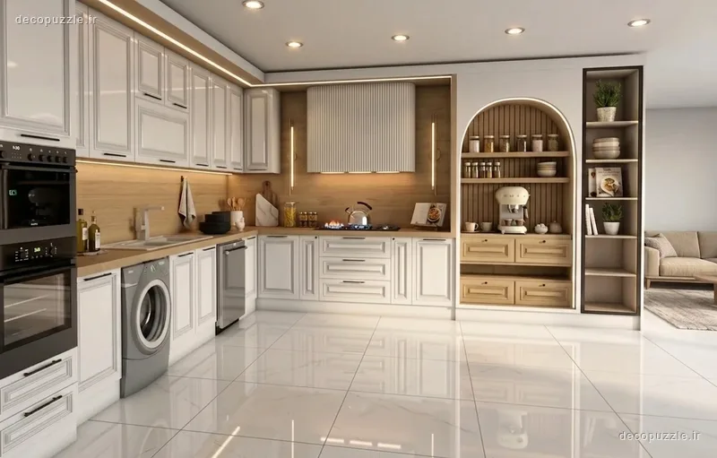 آشپزخانه ال با کابینت ممبران سفید و طرح چوب، بین کابینتی و قفسه باز