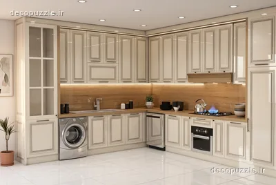 کابینت کلاسیک کرم ممبران با ویترین، نورپردازی خطی و فر توکار در آشپزخانه ال