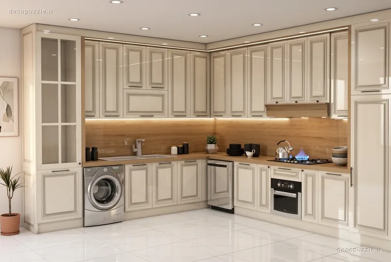 کابینت کلاسیک کرم ممبران با ویترین، نورپردازی خطی و فر توکار در آشپزخانه ال