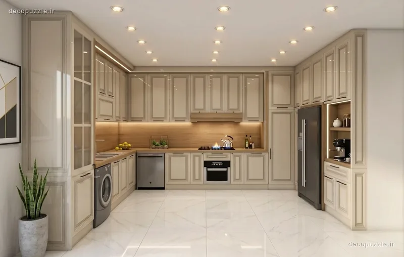 آشپزخانه کرم با کابینت ممبران، ویترین، هود مخفی و نورپردازی خطی در چیدمان یو