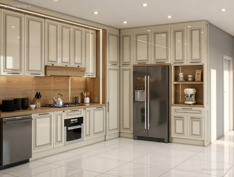 کابینت کلاسیک کرم با چیدمان ال، بین کابینتی طرح چوب، ویترین و فر توکار در آشپزخانه