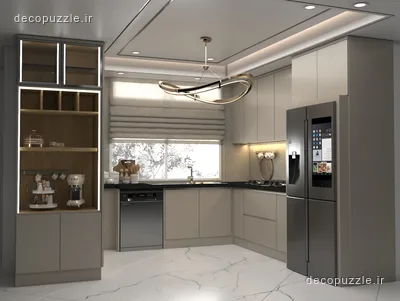 کابینت مدرن طوسی مات با چیدمان ال، قفسه باز و نورپردازی خطی در آشپزخانه