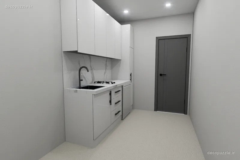 فضای کوچک سفید با کابینت هایگلاس، سینک و اجاق، چیدمان خطی و درِ طوسی
