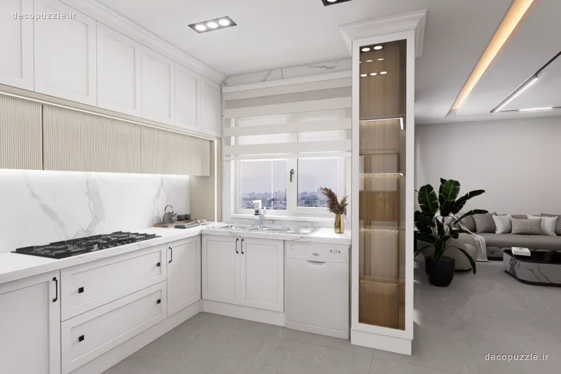 کابینت سفید مات با ویترین و بین کابینتی ماربل در آشپزخانه ال کنار پذیرایی