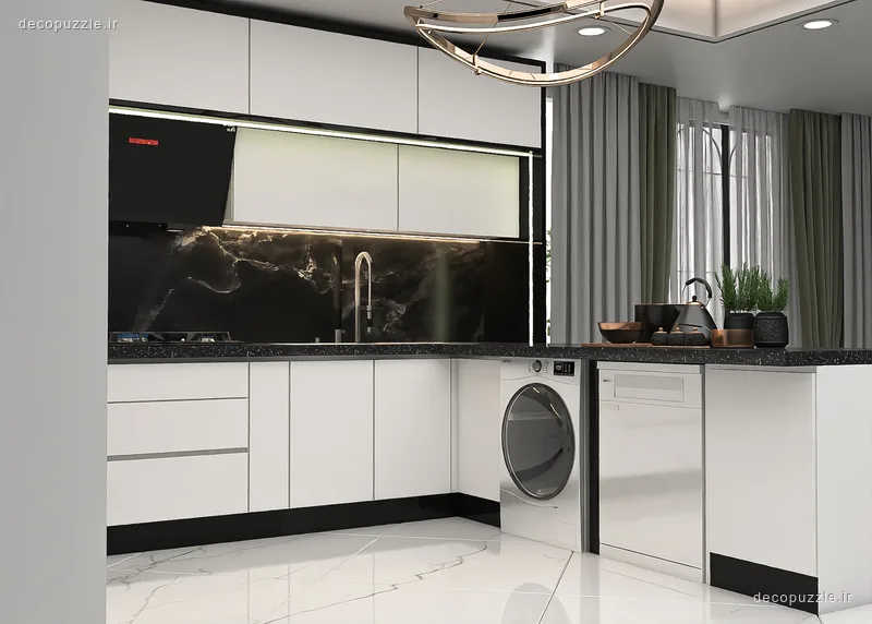 کابینت مدرن سفید و مشکی با بین کابینتی ماربل، نورپردازی خطی و چیدمان ال