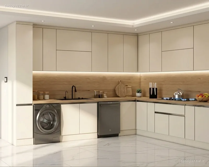 آشپزخانه ال با کابینت کرم مات، بین کابینتی طرح چوب، دستگیره مخفی و نورپردازی خطی