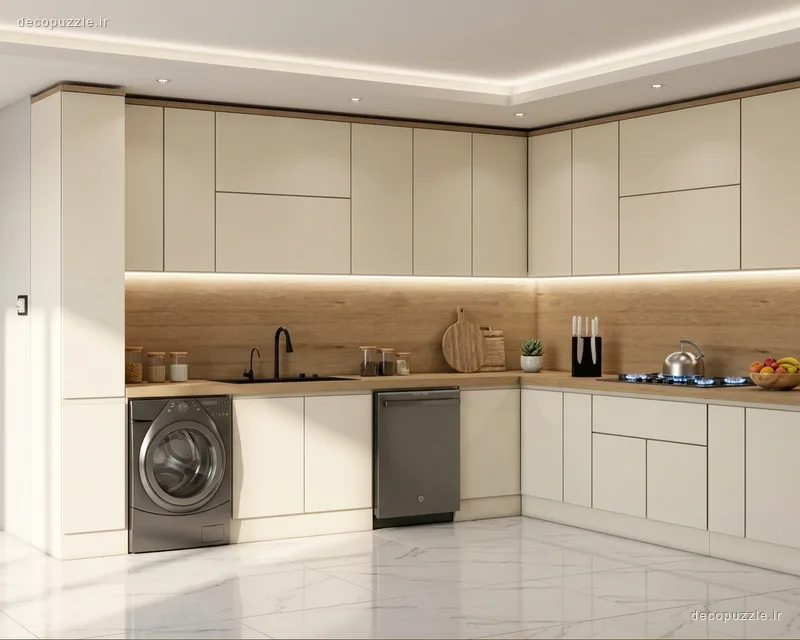 کابینت مدرن کرم مات با چیدمان ال، بین کابینتی طرح چوب و نورپردازی خطی