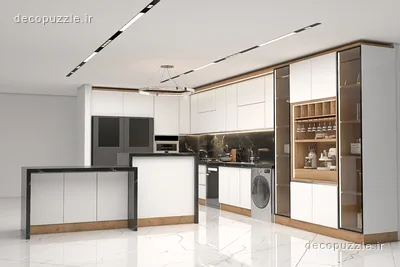 کابینت مدرن دورنگ سفید و طرح چوب با جزیره، ویترین و دستگیره مخفی در آشپزخانه