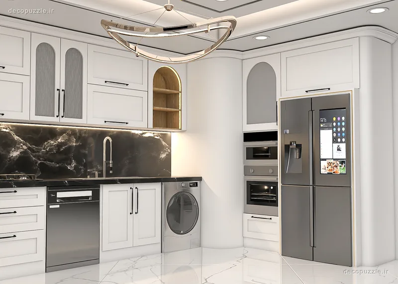 کابینت مدرن سفید با چیدمان ال، بین کابینتی ماربل، ویترین و فر توکار در آشپزخانه