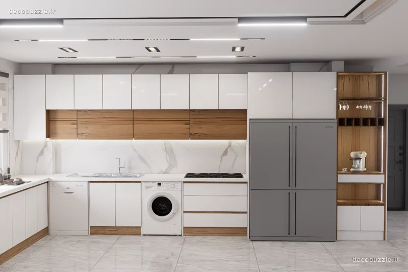کابینت مدرن دورنگ سفید و طرح چوب با قفسه باز، کافی‌بار و بین کابینتی ماربل در آشپزخانه ال