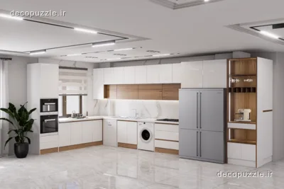 کابینت مدرن هایگلاس سفید و طرح چوب با چیدمان ال، قفسه باز، کافی‌بار و بین کابینتی ماربل