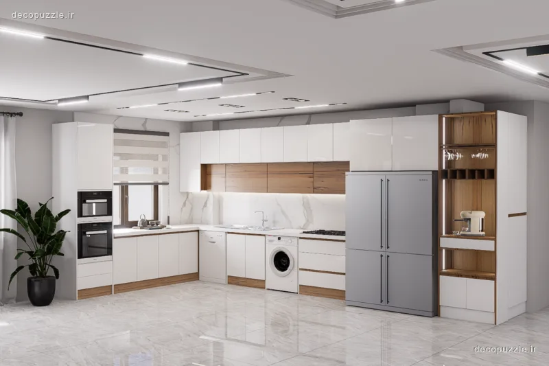 کابینت مدرن هایگلاس سفید و طرح چوب با چیدمان ال، قفسه باز، کافی‌بار و بین کابینتی ماربل