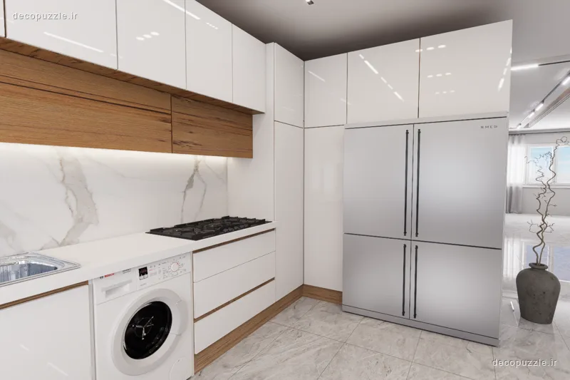 آشپزخانه مدرن با کابینت سفید هایگلاس و طرح چوب، چیدمان ال، بین کابینتی ماربل و دستگیره مخفی