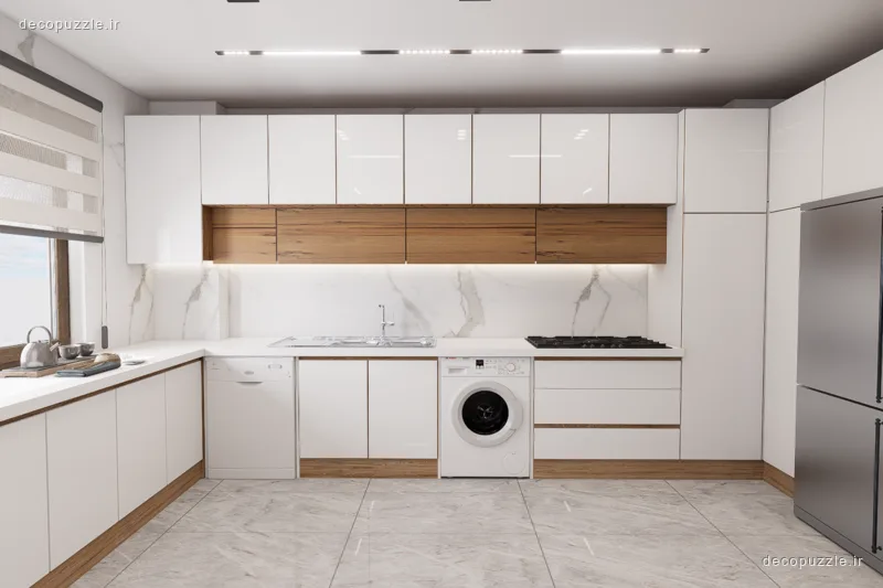 آشپزخانه مدرن سفید و طرح چوب با چیدمان یو، بین کابینتی ماربل و دستگیره مخفی