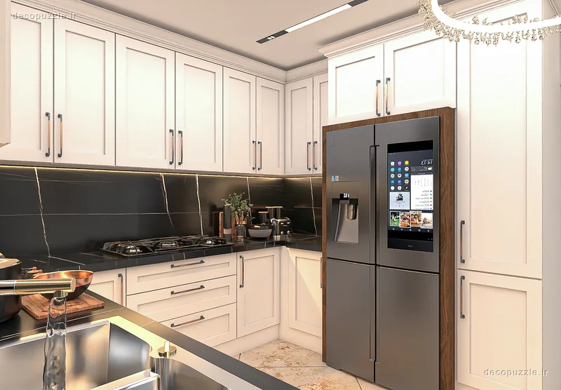 کابینت نئوکلاسیک سفید با چیدمان ال، بین کابینتی مشکی و یخچال متال در آشپزخانه