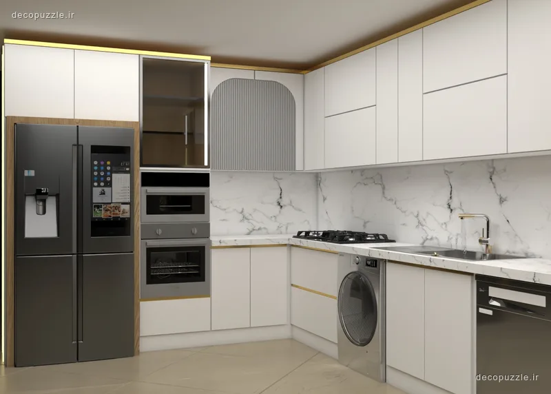 آشپزخانه مدرن با کابینت مات سفید، چیدمان ال، بین کابینتی ماربل و فر و مایکروویو توکار