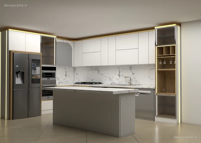 کابینت مدرن دورنگ مات با جزیره، بین کابینتی ماربل و قفسه باز در آشپزخانه